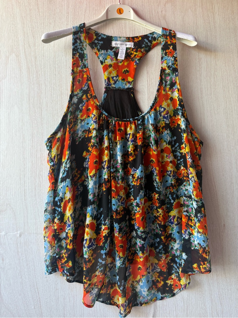 Ambiance Floral Racerback Tank Top - Black, Orange & Blue